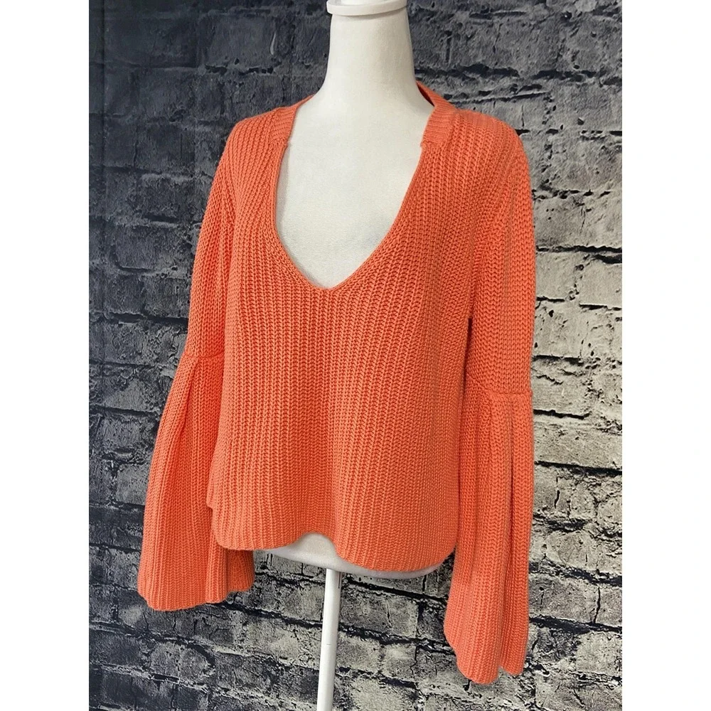 Free People Sweater Womens Small Orange V Neck Bell Sleeve Boho Knit Casual